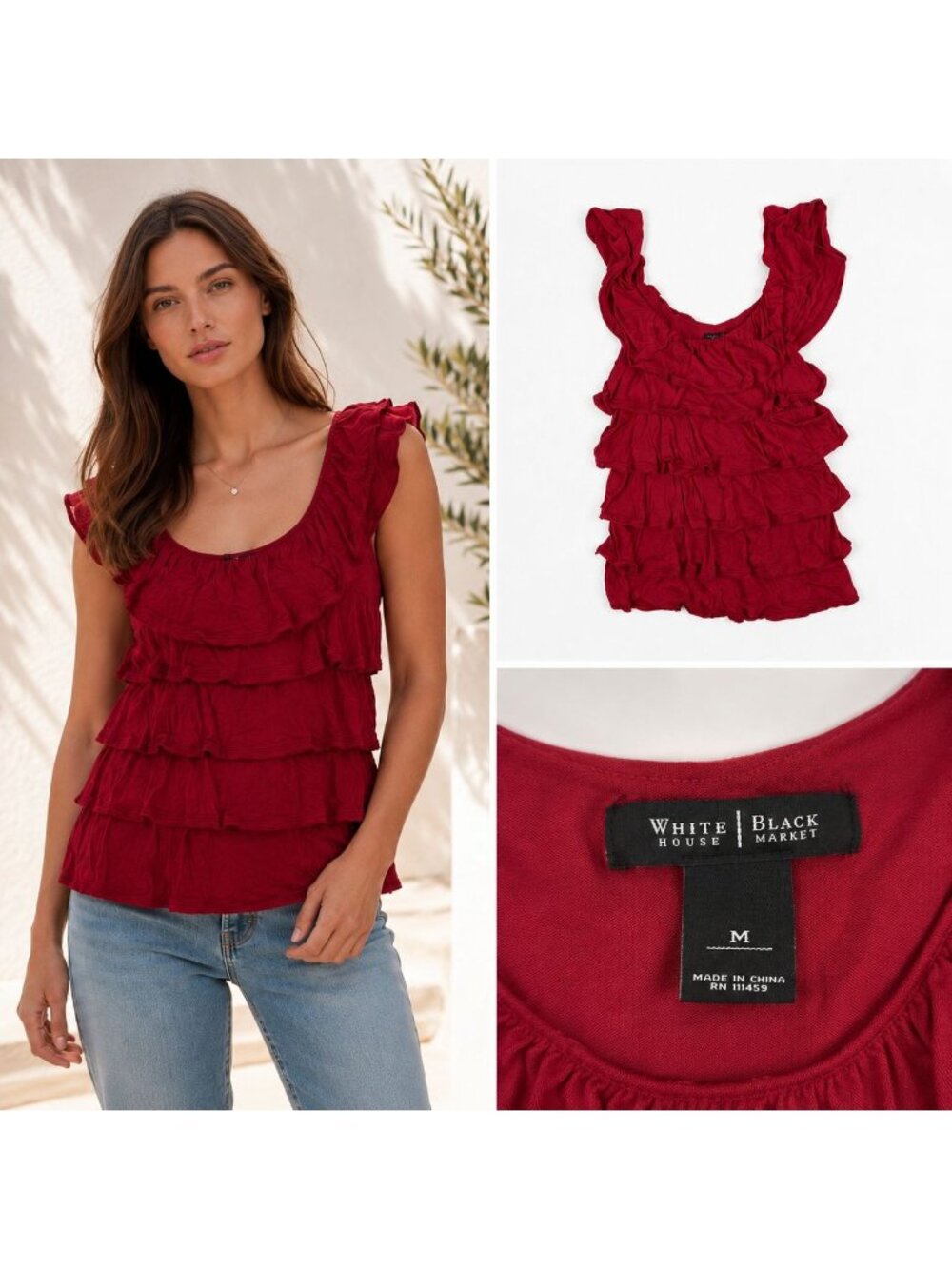 White House Black Market Ruffle Tank Top Medium Red Tiered Sleeveless Blouse Y2K